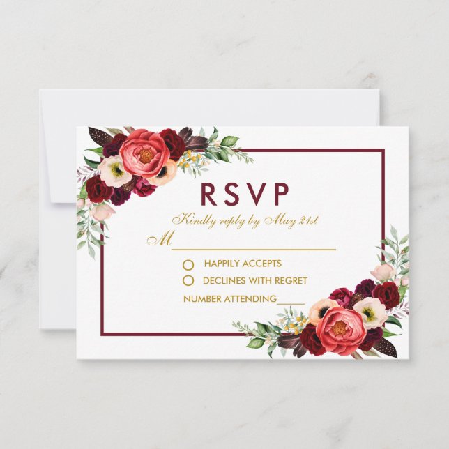 Réponse de mariage bohème floral or burgundy aquar (Devant)