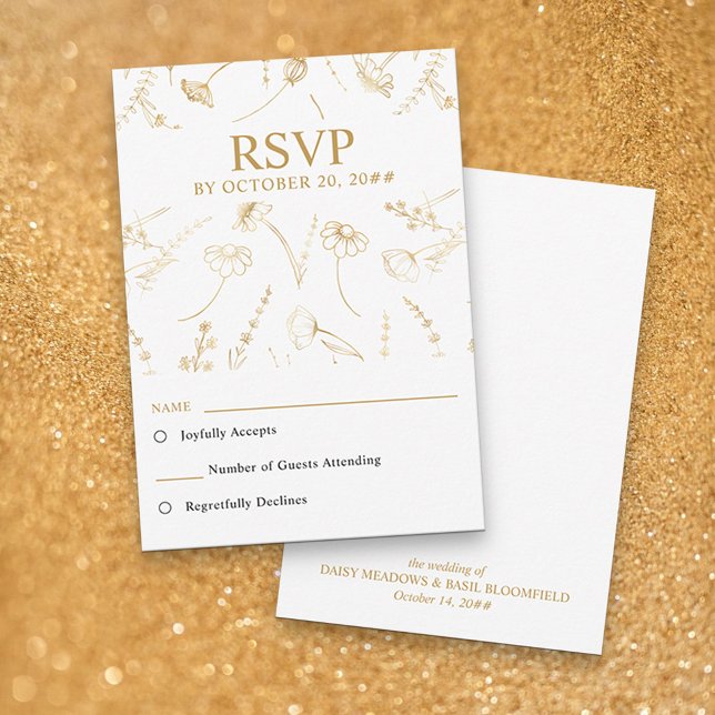 Réponse de mariage croquis de fleurs sauvages blan (RSVP Card in White & Gold, from my Wildflower Sketch collection)