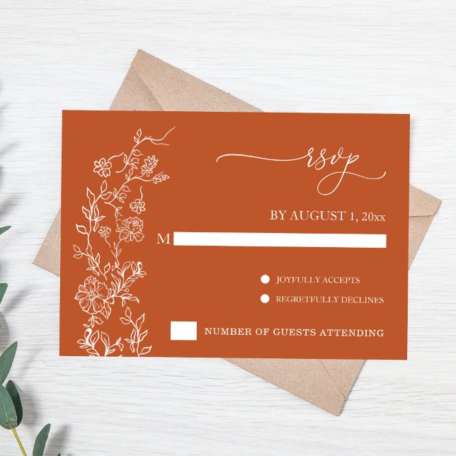 Réponse de mariage élégante en terre cuite florale (Terracotta Wedding RSVP card with white florals)