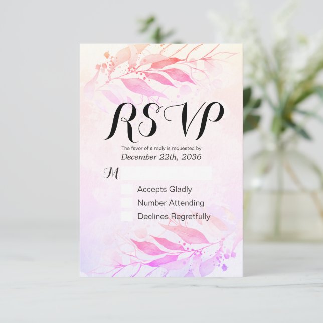 Réponse de mariage feuille aquarelle magenta Répon (Debout devant)