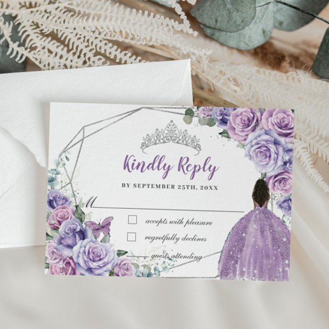 Réponse de Purple Lilac Floral Princess Quinceañer (lavender purple lilac roses floral flowers brown black girl Quinceañera sweet 16 rsvp reply cards)