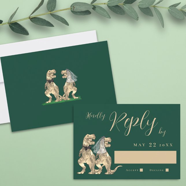 Réponse du Mariage de thème Dinosaur (T-Rex dino bride and groom dark green dinosaur wedding rsvp card elegant script)