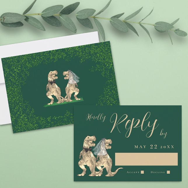 Réponse du Mariage de thème Dinosaur (T-Rex bride and groom funny dinosaur wedding rsvp card Watercolor eucalyptus foliage dark green )