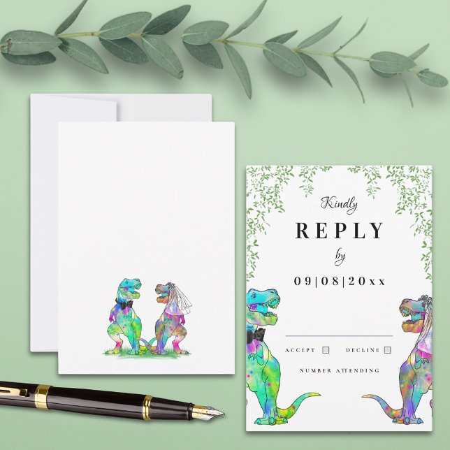 Réponse du Mariage de thème Dinosaur (Botanical dinosaur wedding invitation with qr code and watercolor eucalyptus foliage)