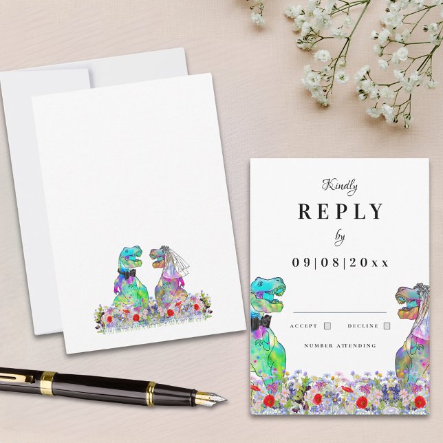 Réponse du Mariage de thème Dinosaur (Colorful wildflower dinosaur wedding reply enclosure card)