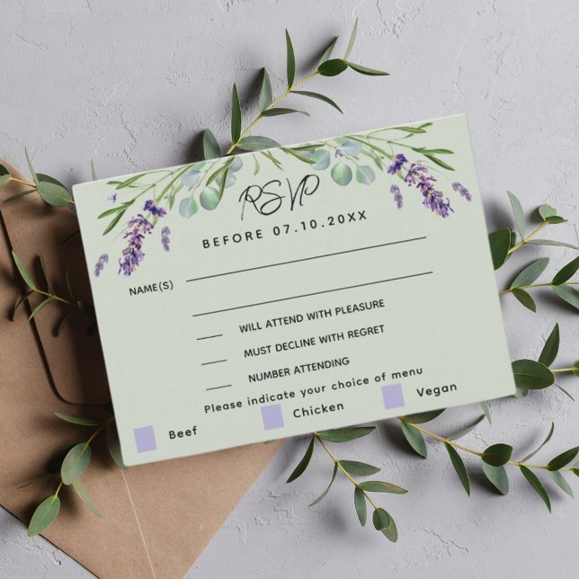 Réponse du menu mariage vert Lavender RSVP (Créateur téléchargé)
