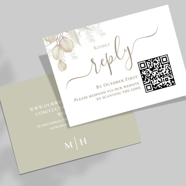 Réponse personnalisée RSVP de mariage vert (Simple Wedding reply card with a sage green background and QR code template.)