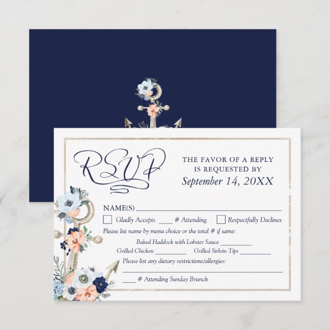Réponse RSVP Ancre de marine Bleu marine Pêche pou (Devant / Derrière)
