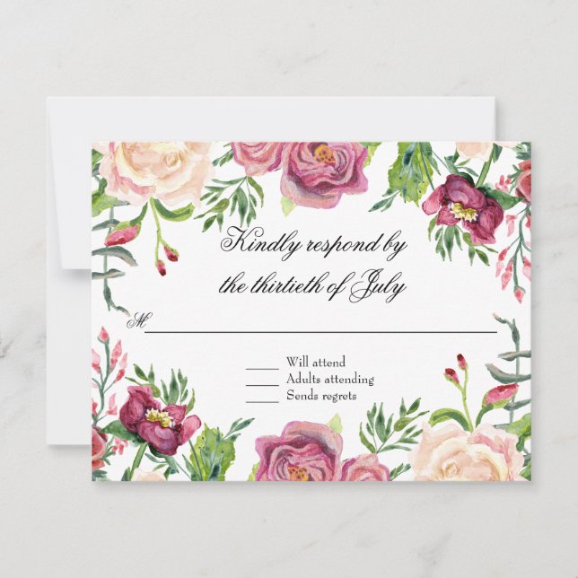 Réponse RSVP Aquarelle Marine Rose Floral Bourgogn (Devant)