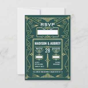 Réponse RSVP Art Déco Mariage Gold Dark Green