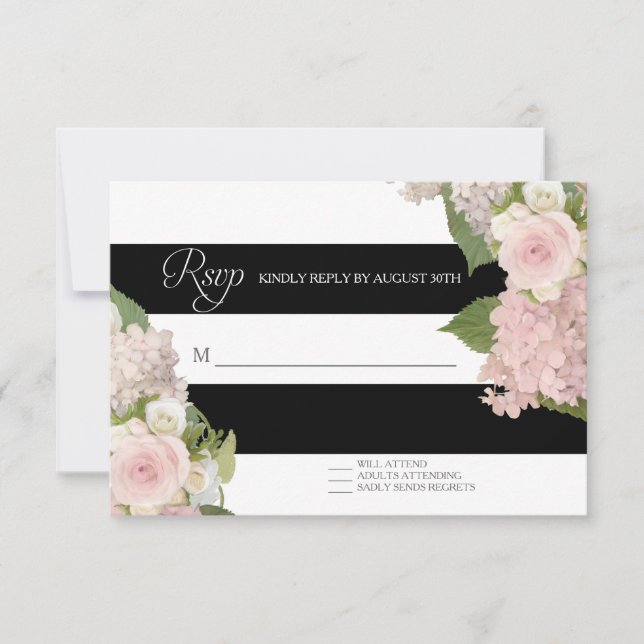 Réponse RSVP Blanc noir rayé avec Joli floral (Devant)