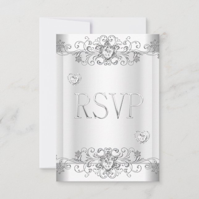 Réponse RSVP Cœurs Diamant Blanc Argent (Devant)