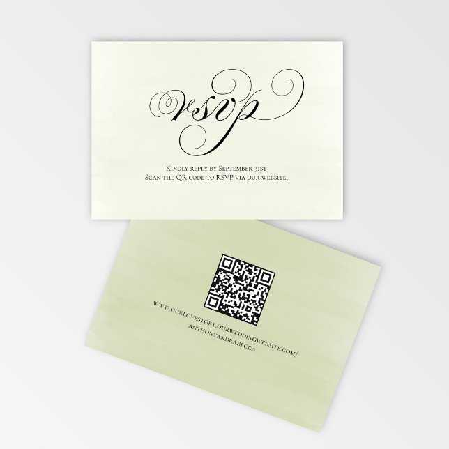 Réponse RSVP de mariage Code QR Script Vert Sauge (Sage green script RSVP card with QR code for quick and easy wedding replies)