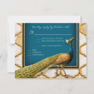Réponse RSVP élégante bleu paon et or vintage