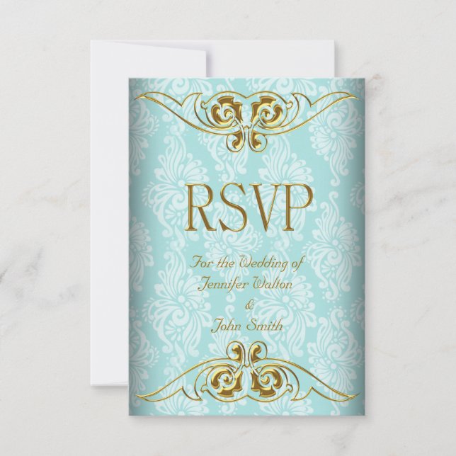 Réponse RSVP Mariage Damask Or Bleu sarcelle (Devant)