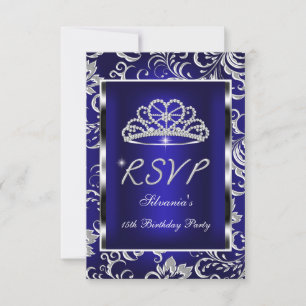 Réponse RSVP Quinceanera Damassé Bleu Foncé Argent