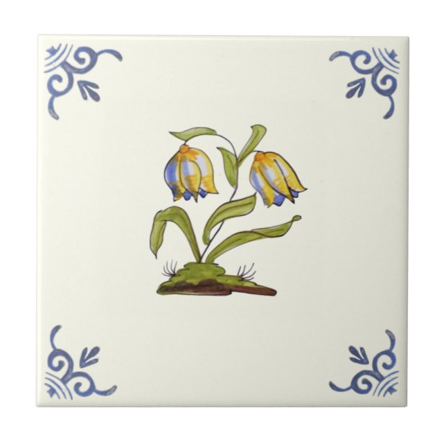 Repro 1700s Handpainted Delft Yellow Tulips Floral Tile (Front)