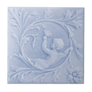 Repro 1880 Minton Faux Relief Cherub Light Blue Tile