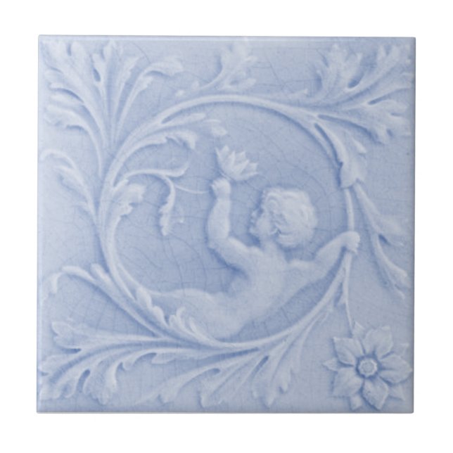 Repro 1880 Minton Faux Relief Cherub Light Blue Tile (Front)