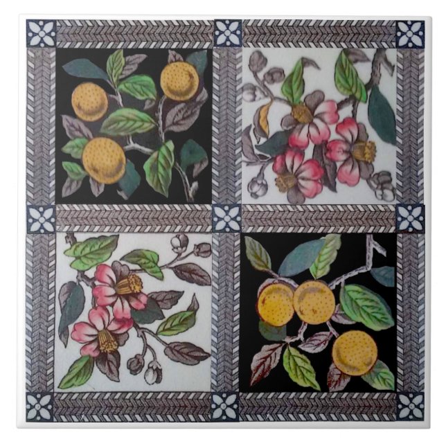 Repro 1880s Colorful Blossoms & Fruit Transferware Tile (Front)