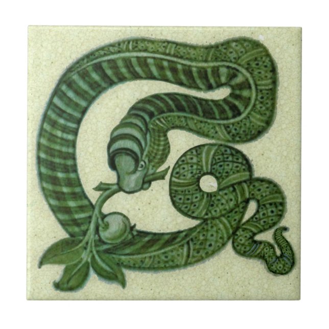 Repro 1880s De Morgan Green Snake with Apple Tile (Front)