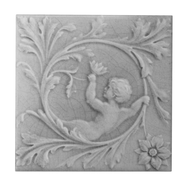 Repro 1880s Minton Faux Relief Putti Gray Marble Tile (Front)