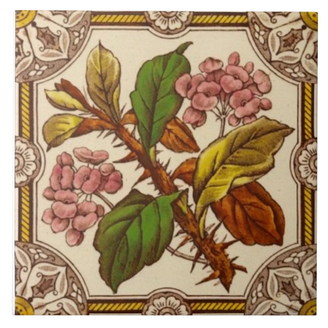 Repro 1880s Wild Rose Hand Colored Transferware Tile (Front)