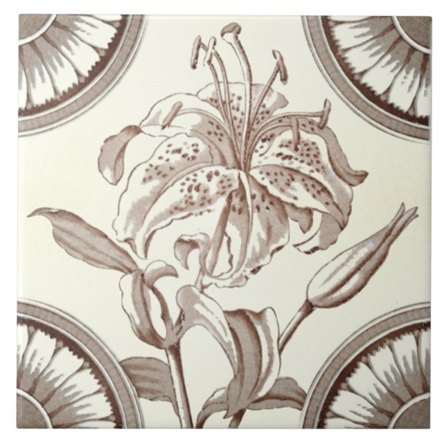 Repro 1885 Victorian Sepia Lily Transferware Tile (Front)