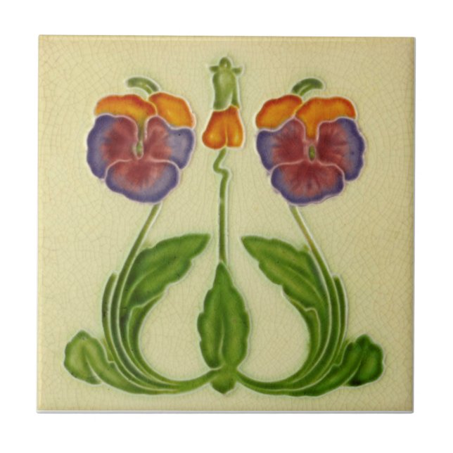 Repro Antique Art Nouveau Floral Pansies Tile (Front)