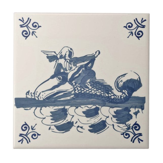 Repro Antique Blue Delft Tile Angel Fish Ocean (Front)