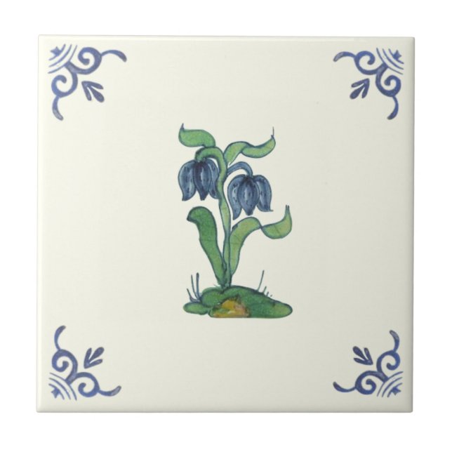 Repro Antique Blue Tulips Handpainted Delft Tile (Front)