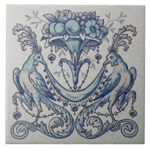 Repro Antique Minton Hollins Birds Fruit Blue Tile