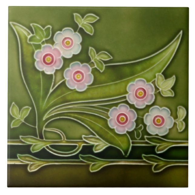 Repro Antique Tubelined Pink Floral Green Border Tile (Front)
