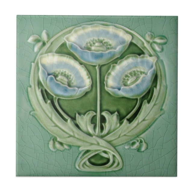 Repro Art Novueau Soft Blue Green Poppies Floral Tile (Front)