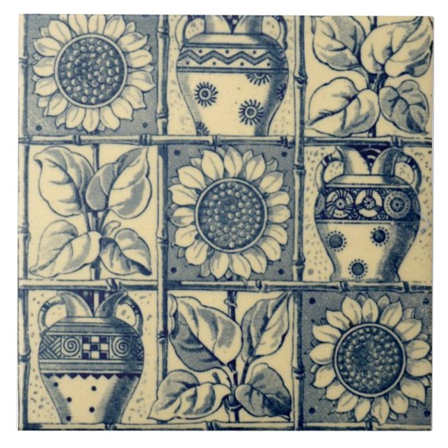 Repro Blue & Buff Sunflowers Urns Bamboo Trellis Tile (Front)