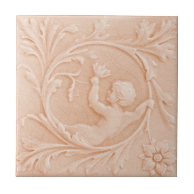 Repro c1880 Minton Faux Relief Cherub Peach Pink Tile (Front)