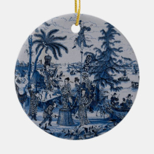 Repro Chinoiserie Delft Blue and White Tile Ceramic Ornament