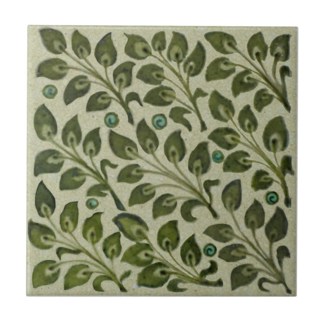 Repro De Morgan Green Leafy Foliage Field Tile (Front)