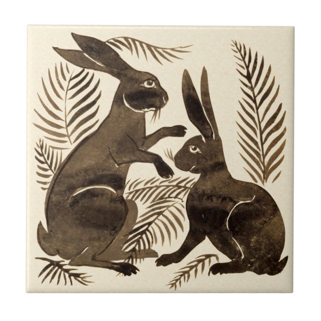 Repro De Morgan Pair of Chocolate Rabbits Tile (Front)