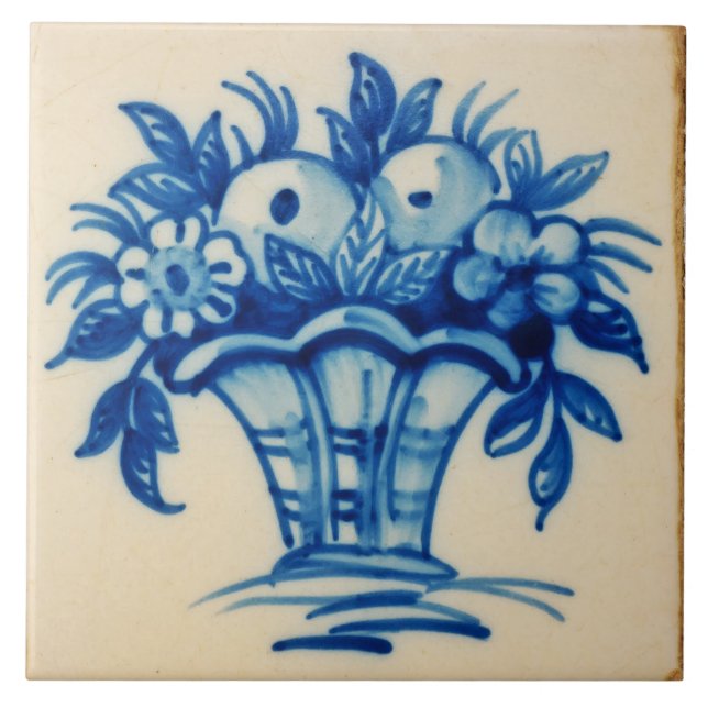 Repro Deftware Bouquet Flowers Vase Blue Delft Tile (Front)