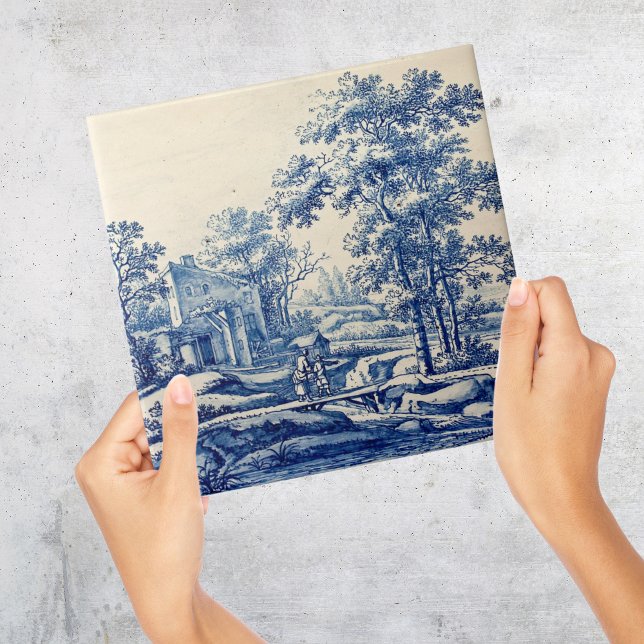 Repro Delft Blue and White Tile River Scene (Repro Delft Blue and White Tile River Scene with toile de jouy)