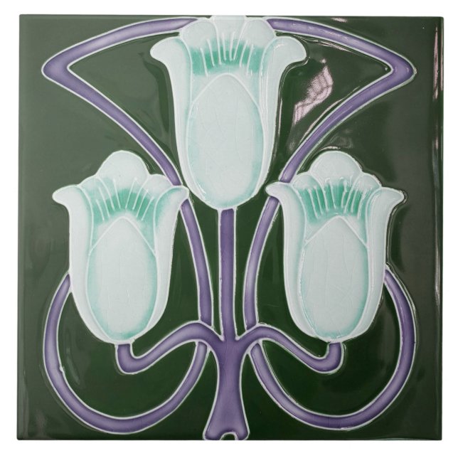 Repro Edwardian Art Nouveau Green Tulip Floral Til Tile (Front)