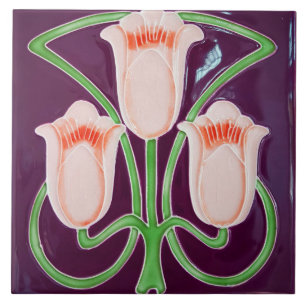 Repro Edwardian Art Nouveau Purple Tulip Floral Tile