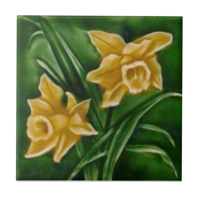 Repro Faux Relief Daffodils on Dark Green Tile (Front)