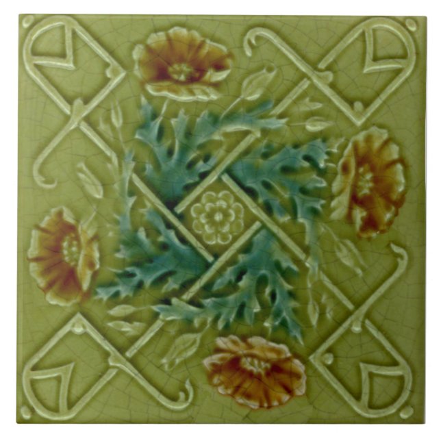 Repro Faux Relief Molded Floral Trellis Majolica Tile (Front)