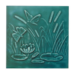 Repro Faux Relief Molded Marsh Lily Pond Butterfly Tile