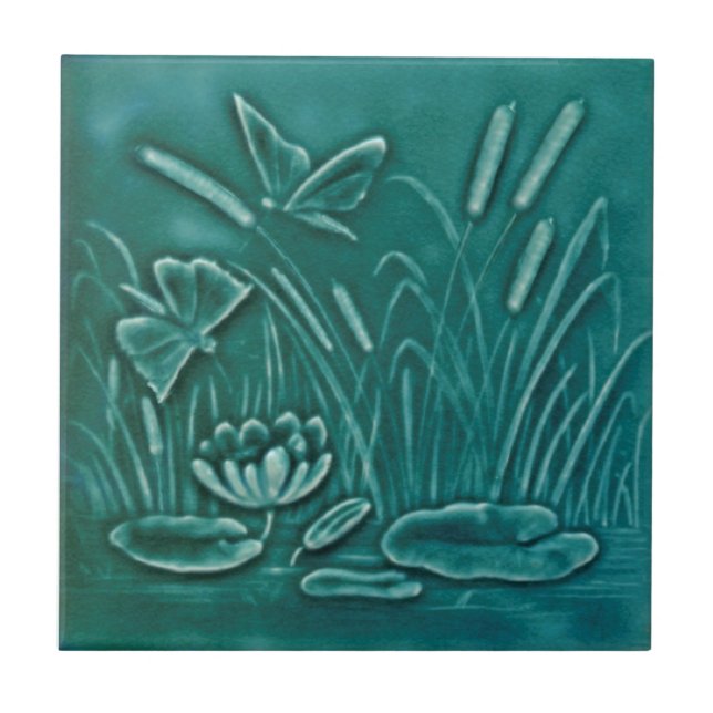 Repro Faux Relief Molded Marsh Lily Pond Butterfly Tile (Front)