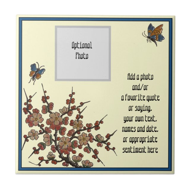 Repro French Longwy Cherry Blossoms Butterflies Tile (Front)