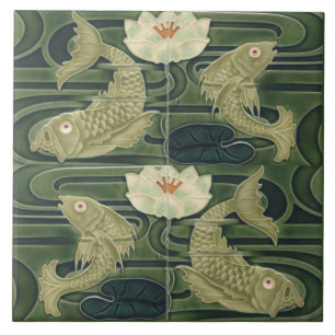 Repro German Art Nouveau Jugendstil Pond Fish Tile