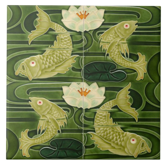 Repro German Art Nouveau Jugendstil Pond Fish Tile (Front)